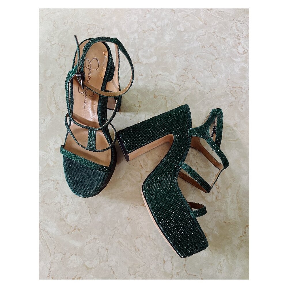 Jessica Simpson Emerald Green Rhinestone Meitini Sz 7.5 Strappy Platform Sandals